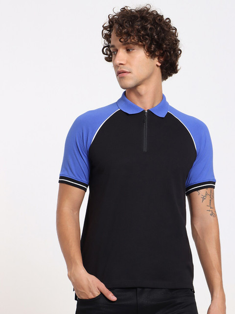 

Bewakoof Men Black Colourblocked Polo Collar Cotton T-shirt