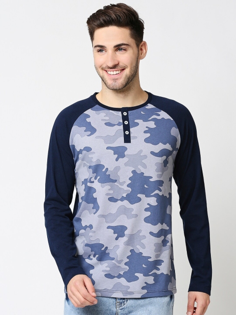 

Bewakoof Men Blue Camouflage Printed Henley Neck Cotton T-shirt