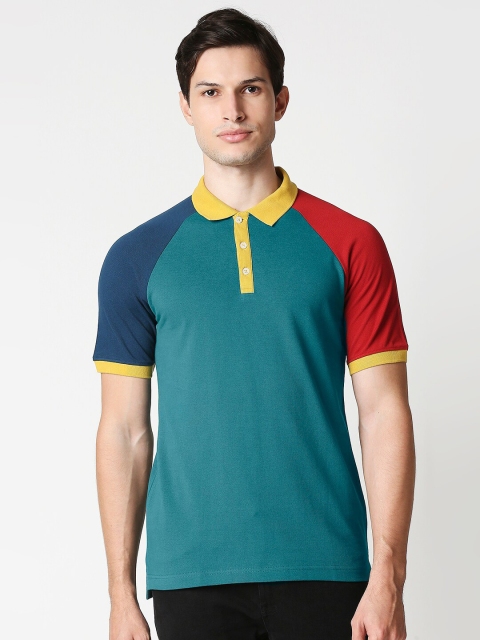 

Bewakoof Men Green Colourblocked Polo Collar Cotton T-shirt