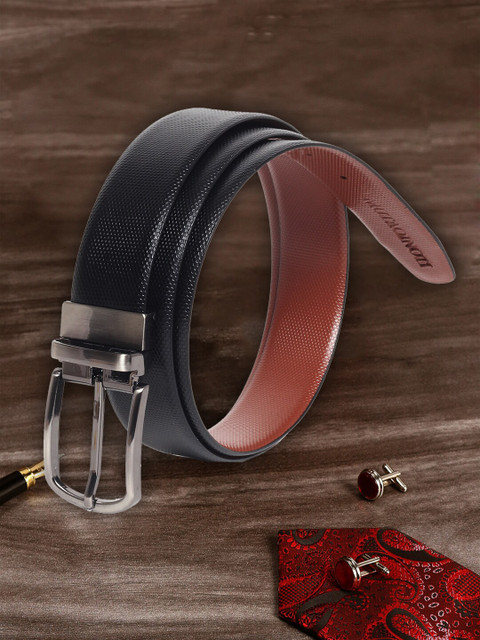 

MUTAQINOTI Men Black Textured Reversible Leather Belt