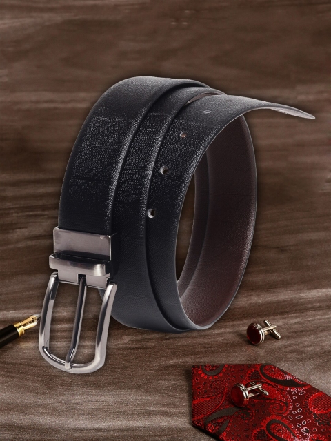 

MUTAQINOTI Men Black Textured Reversible Leather Belt