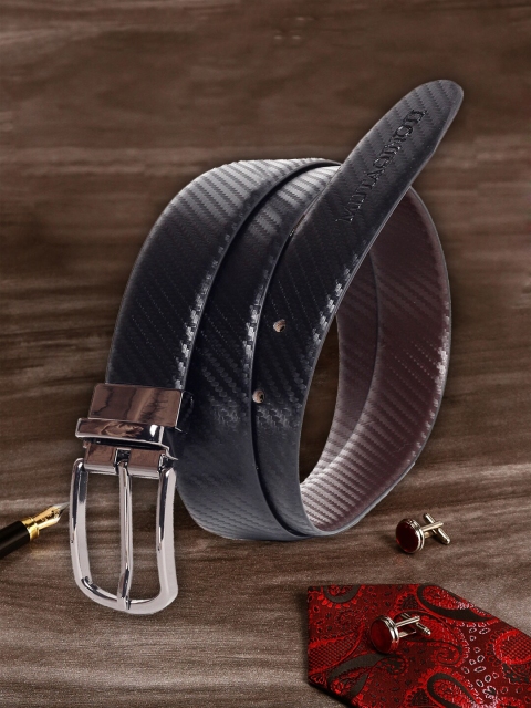 

MUTAQINOTI Men Black Textured Reversible Leather Belt