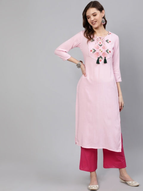 

Nayo Women Pink Geometric Yoke Design Thread Work Kurta