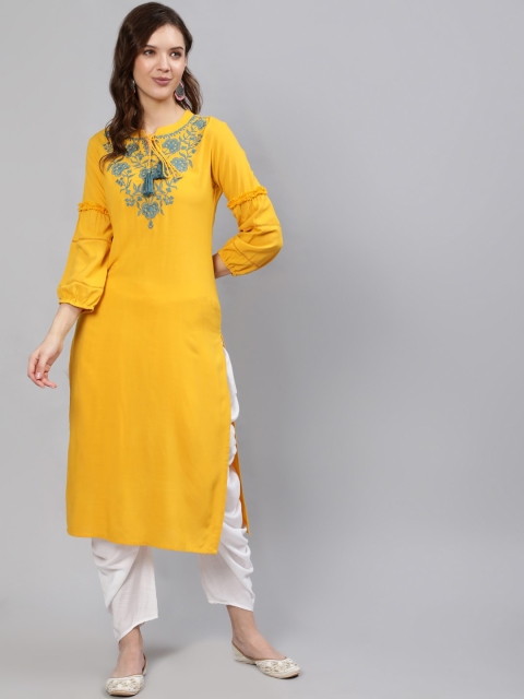 

Nayo Women Mustard Yellow Floral Yoke Design Thread Work Kurta