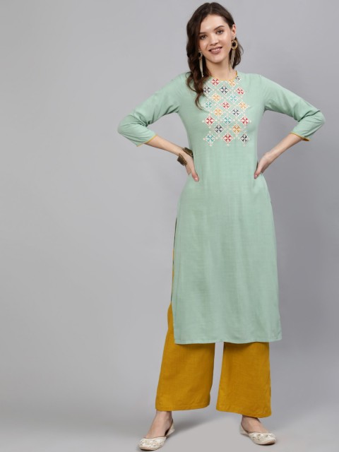 

Nayo Women Green Geometric Yoke Design Thread Work Kurta