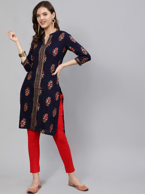 

Nayo Women Navy Blue & Red Floral Printed Floral Kurta