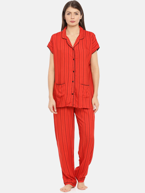 

GOLDSTROMS Women Red & Black Striped Night suit
