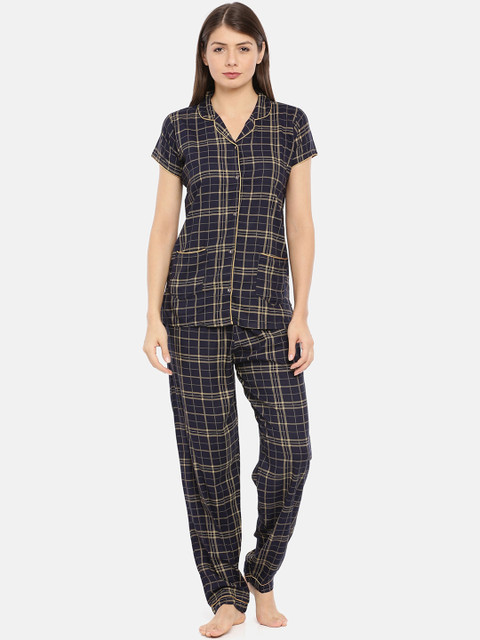 

GOLDSTROMS Women Navy Blue & Yellow Checked Night suit