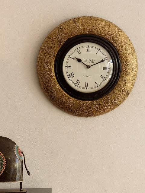 

ecraftIndia White Dial Ethnic Brass & Wooden 29.21 cm Handcrafted Wall Clock