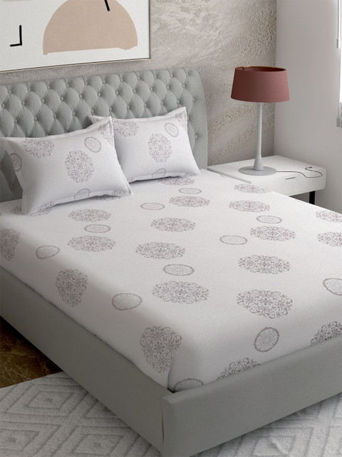 

EverHOME White & Grey Floral Printed 260 TC Cotton Queen Bedsheet with 2 Pillow Covers
