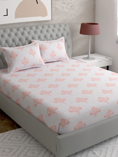 

EverHOME White & Peach-Coloured Ethnic Motifs 260 TC Queen Bedsheet with 2 Pillow Covers