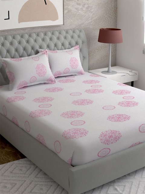 

EverHOME White & Pink Ethnic Motifs 260 TC Cotton Queen Bedsheet with 2 Pillow Covers