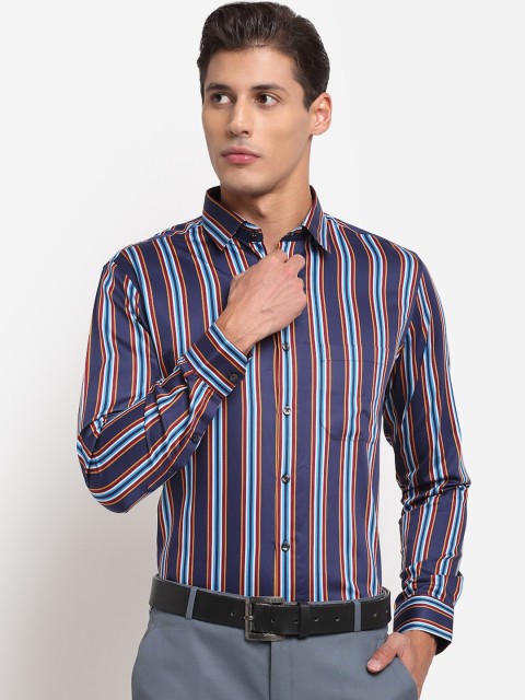 

FINNOY Men Blue Slim Fit Opaque Striped Formal Shirt