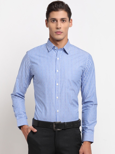 

FINNOY Men Blue & White Slim Fit Opaque Striped Cotton Formal Shirt