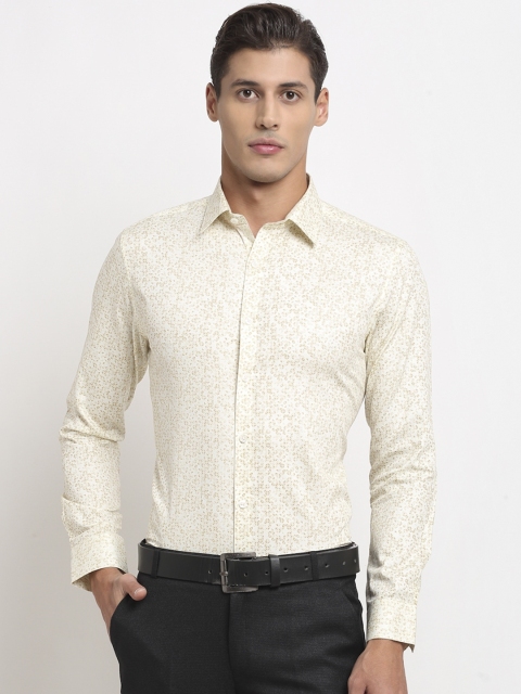 

FINNOY Men Off White & Yellow Slim Fit Opaque Printed Formal Shirt