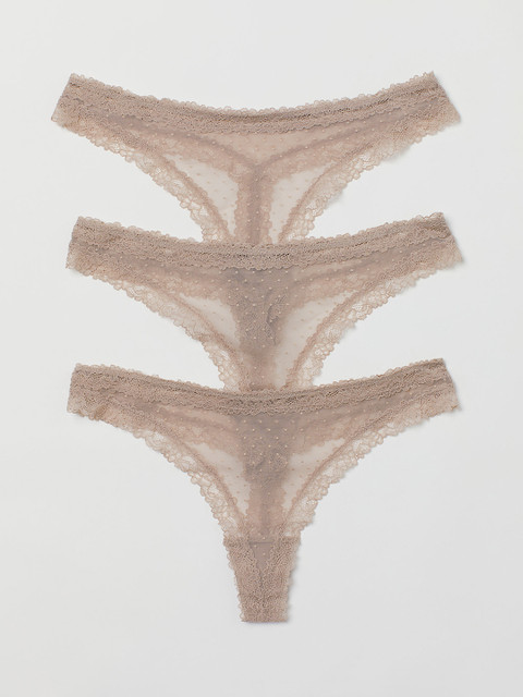 

H&M Women 3-Pack Mesh Thong Briefs, Beige