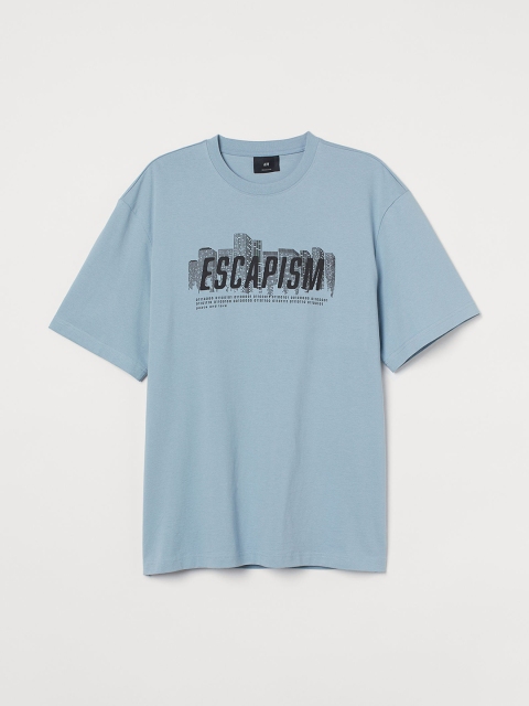 

H&M Men Blue & Black Typography Printed Relaxed Fit T-shirt
