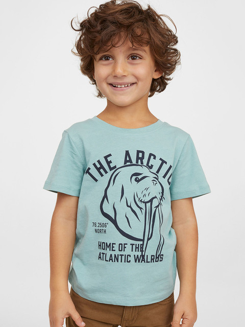 

H&M Boys Turquoise Blue & Navy Blue Typography Printed T-shirt