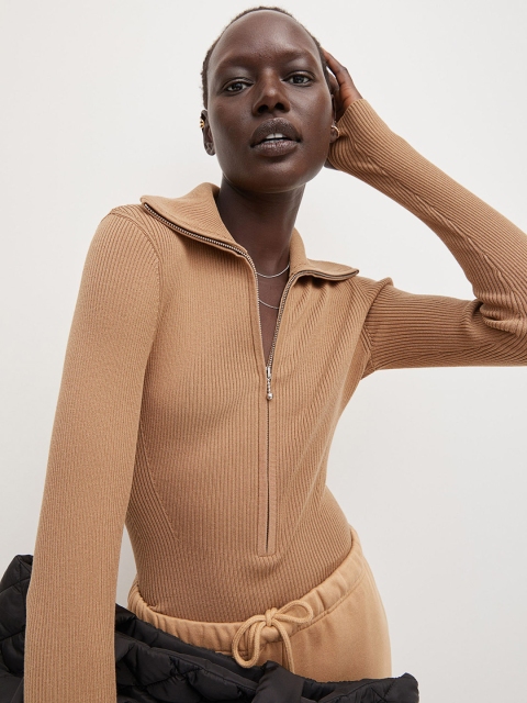 

H&M Women Beige Knitted Zip-Front Body