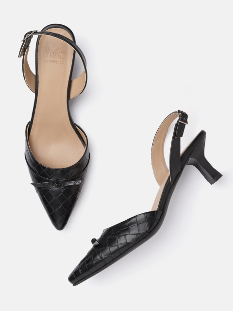 

her by invictus Black Basketweave Kitten Pumps with Bow Detail