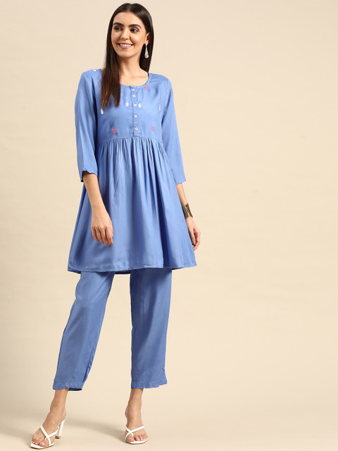 

Anouk Women Blue Floral Embroidered Pleated Thread Work Kurta with Trousers