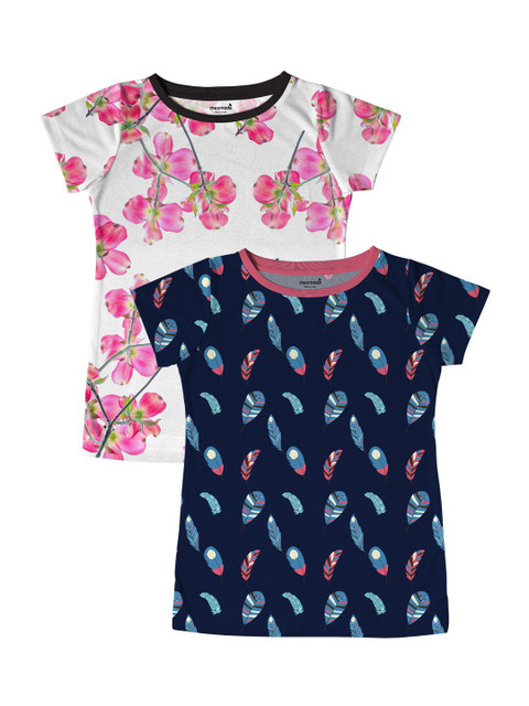 

mezmoda Girls White & Blue Pack Of 2 Printed T-shirts