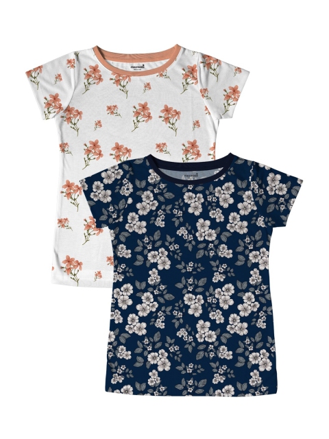 

mezmoda Girls Pack of 2 Floral Printed T-shirt, Navy blue