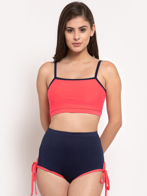 

CUKOO Women Pink & Navy Blue Solid Two-Piece Swim Set