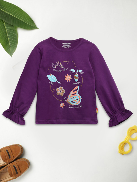 

Lil Tomatoes Girls Purple Graphic Printed Knitted Pure Cotton Regular Top