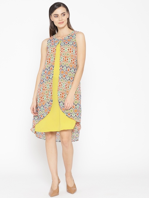 

109F Women Off-White & Yellow Layered A-Line Dress