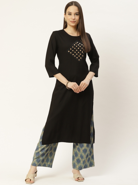 

Maaesa Women Black Ethnic Motifs Embroidered Kurta with Palazzos