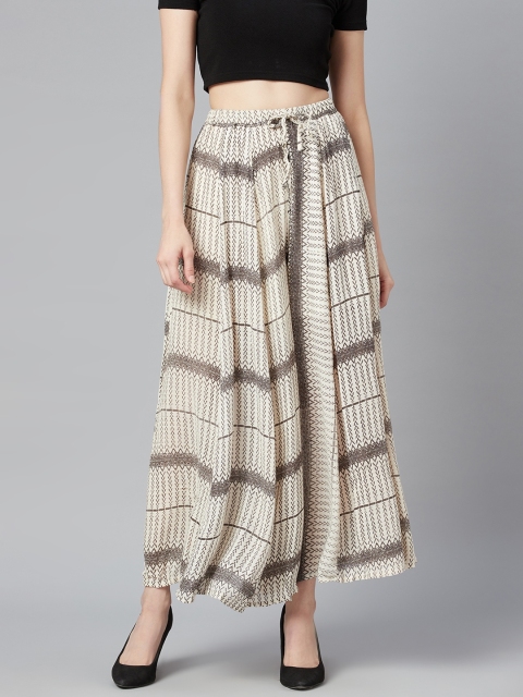 

I AM FOR YOU Women Beige & Black Printed Flared Palazzos