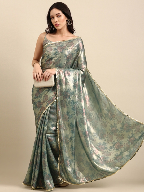 

Sangria Green Floral Sequinned Silk Blend Saree