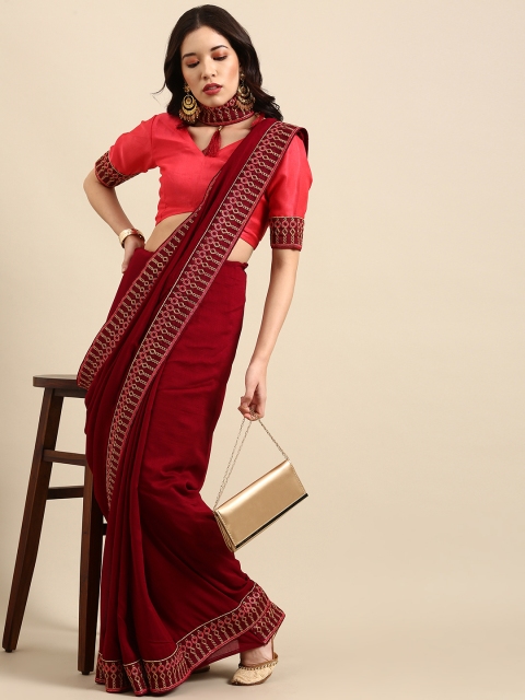 

Sangria Maroon & Gold-Toned Zari Silk Blend Saree