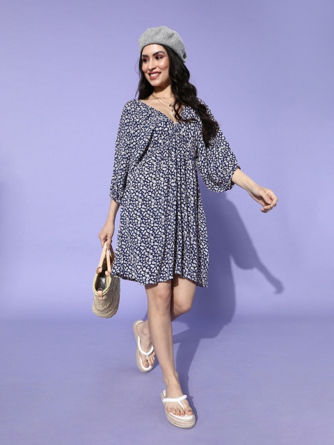 

ANI Women Stunning Blue Floral Trapeze Dress