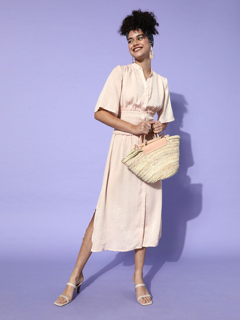 

ANI Women Attractive Peach Solid Smocking Dress