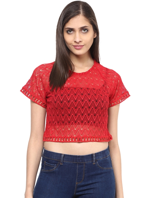 

109F Women Red Self Design Top