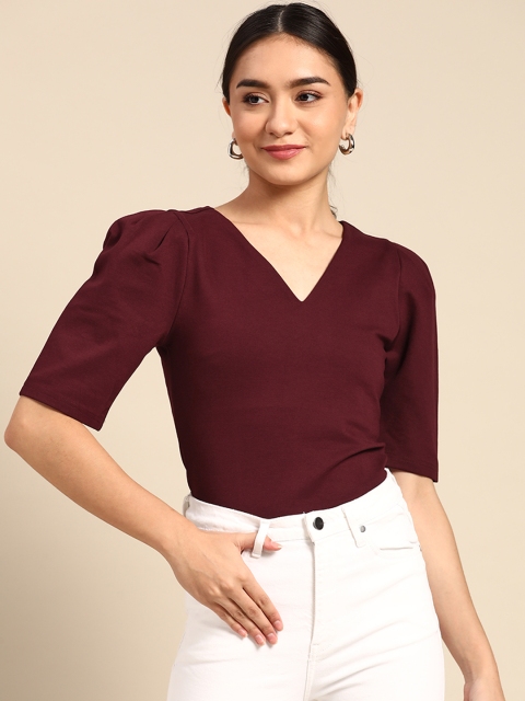 

COVER STORY Women Burgundy V-Neck Puff Sleeves T-shirt