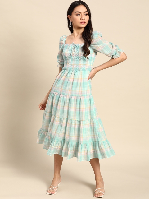 

COVER STORY Blue & Multicoloured Cotton Checked Midi Dress