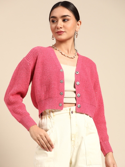 

COVER STORY Women Pink Self Design Crop Cardigan Sweater