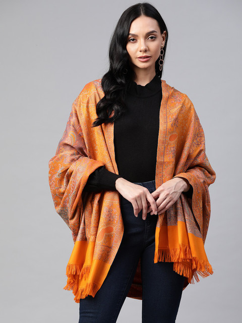 

WEAVERS VILLA Women Orange Paisley Woven Design Fusion Shawl