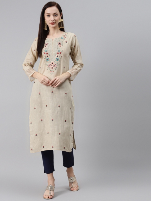 

INDYES Women Cream-Coloured Ethnic Motifs Embroidered Thread Work Floral Kurta