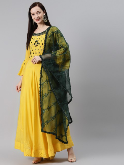 

INDYES Women Yellow Ethnic Motifs Embroidered Flared Sleeves Thread Work Frills Bows and Ruffles Anarkali Kurta
