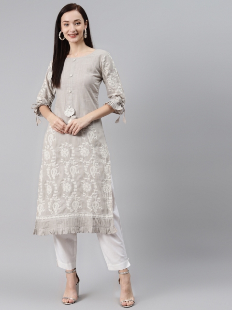 

INDYES Women Grey Floral Embroidered Thread Work Frills Bows and Ruffles Kurta