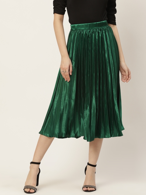 

Slenor Women Green Accordian Pleated satin Midi A-line Skirt