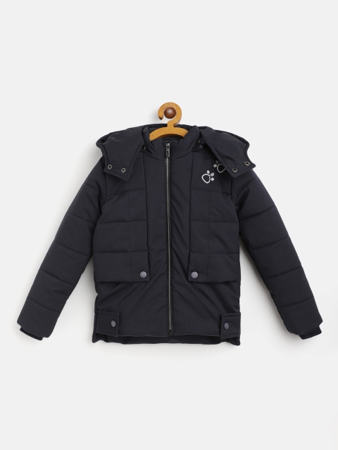 

GOJI Boys Navy Blue Typography Embroidered & Applique Hooded Padded Jacket
