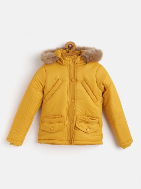 

GOJI Girls Mustard Yellow Checked Water Resistant Hooded Parka Jacket