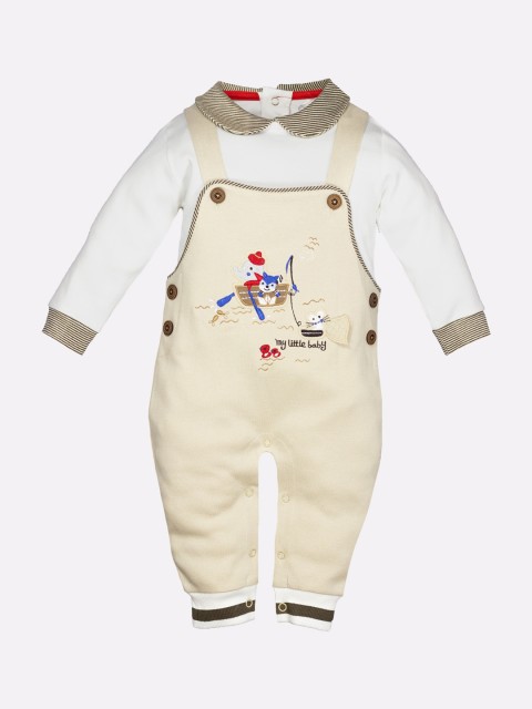 

BABY GO Infant Boys Beige & White Red Printed Pure Cotton Dungarees With T-Shirt