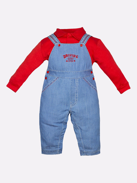

BABY GO Boys Blue & Red Solid Pure Cotton Denim Dungarees With Shirt