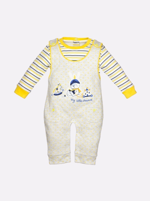 

BABY GO Infant Boys Beige & Yellow Pure Cotton Printed Dungaree With T-Shirt